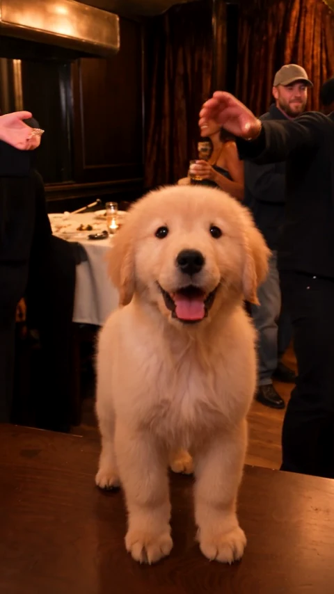 A generated puppy in a warm party scene